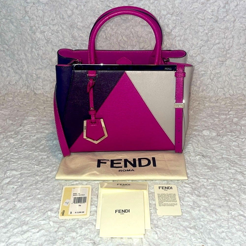 Fendi 2Jours Petite Geometric Colorblock Satchel Tote Bag Purse in Magenta Multi